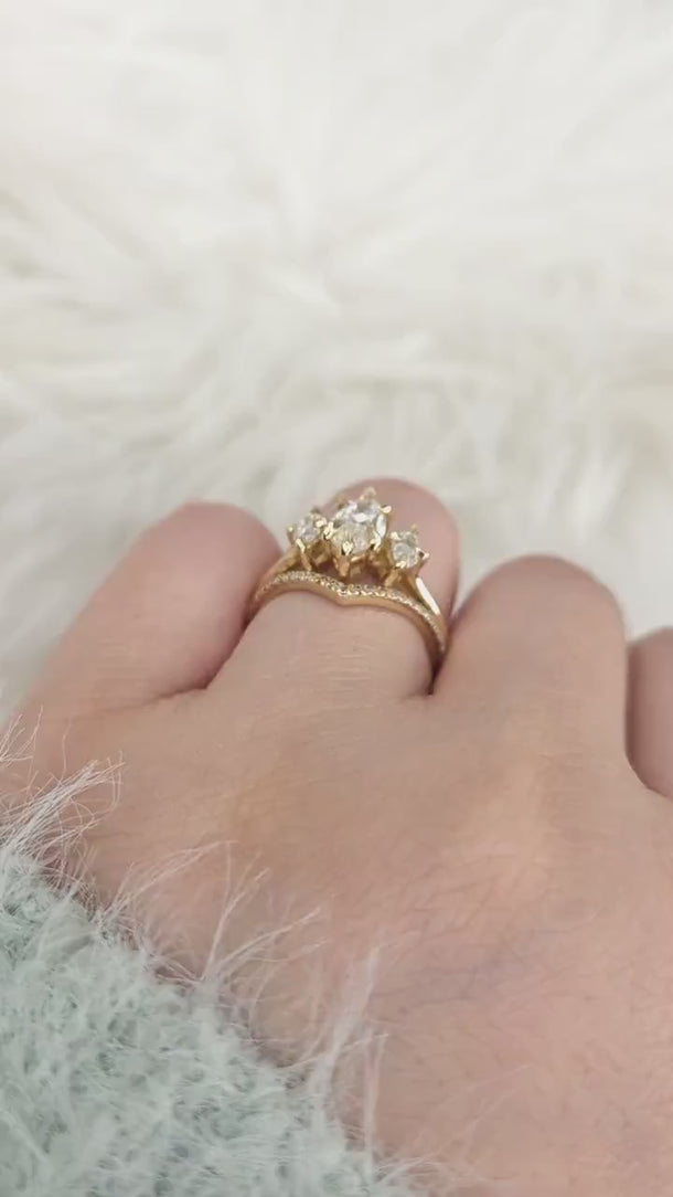 1.50ct Beckett 10x5mm & Chevy 14kt Moissanite Diamond Marquise Three Stone Bridal Set,Marquise Trilogy Wedding Ring Set,Unique Marquise Ring