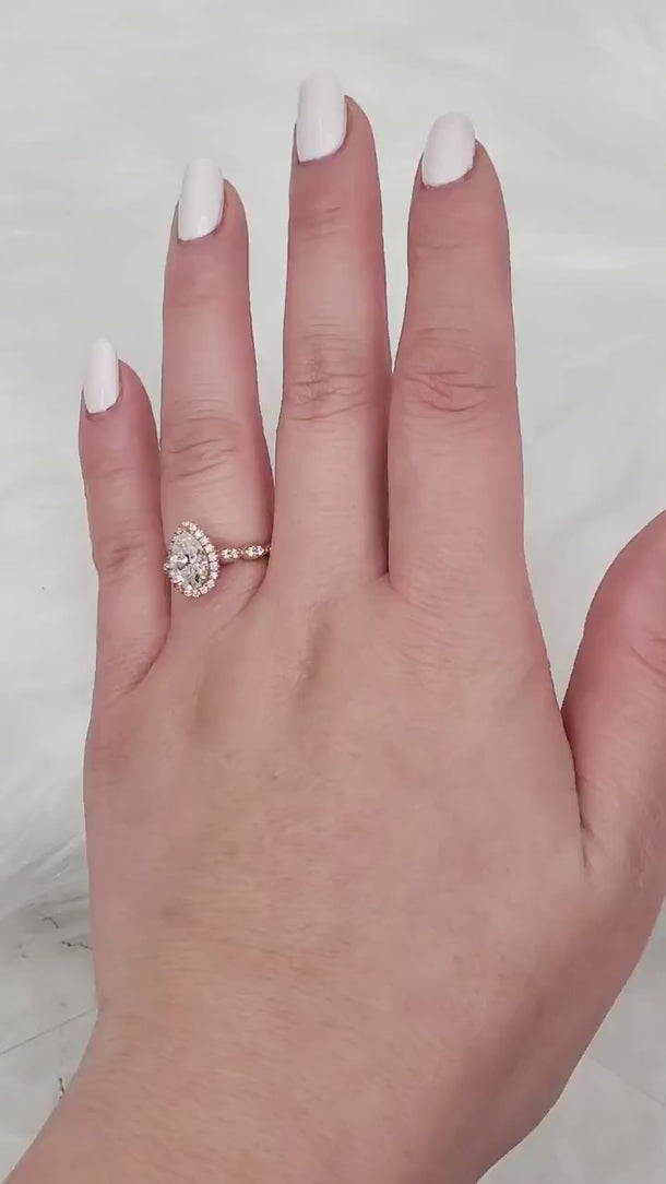 1.50ct Sydney 9x6mm 14kt Rose Gold Moissanite Diamond WITHOUT Milgrain Pear Halo Engagement Ring,Art Deco Halo Ring,Nature Ring