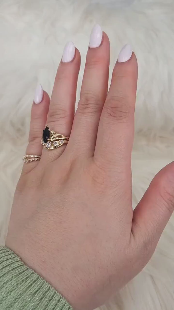 Mara 10x5mm & Saldana 14kt Onyx Celtic Knot Marquise Bridal Set,Unique Triquetra Wedding Ring,Marquise Engagement Ring Set,Anniversary Ring