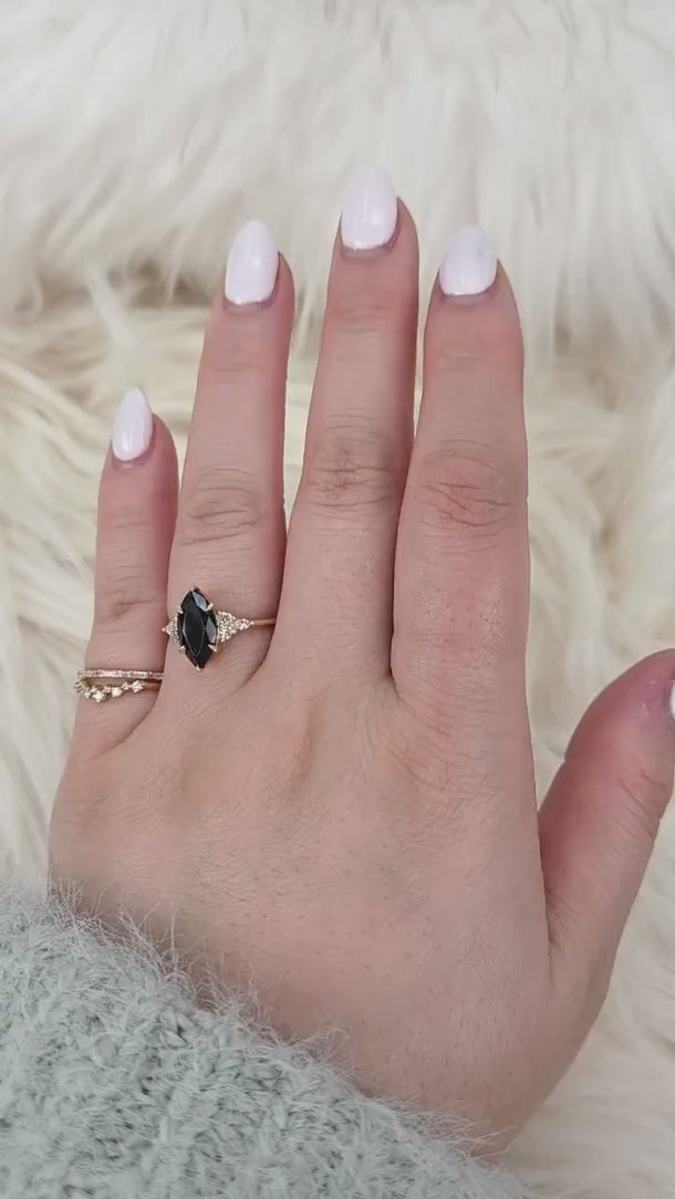 Petite Meadow 12x6mm 14kt Onyx Diamond Marquise Cluster Ring,Unique Marquise Ring,Onyx Engagement Ring,Onyx Wedding Ring,Anniversary Ring
