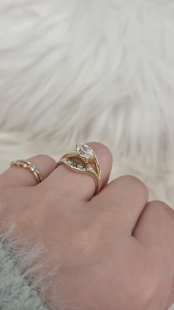 1.50ct Padme 9x6mm & Ursa 14kt Moissanite Tilted Pear Solitaire Bridal Set,Pear Wedding Ring Set,Pear Engagement Ring Set,Celestial Ring