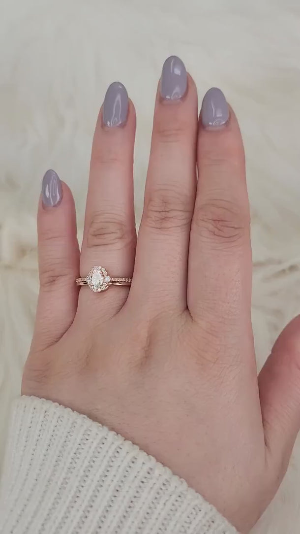 0.50ct Bridgette 6x4mm & Plain Band 14kt Moissanite Diamond Unique Halo Bridal Set,Oval Wedding Ring Set,Oval Engagement Ring Set