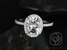Rosados Box Jessica 10x8mm 14kt White Gold Oval White Topaz and Diamonds Halo Engagement Ring 