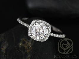 Rosados Box Barra 6mm 14kt White Gold Round F1- Moissanite and Diamonds Cushion Halo Engagement Ring