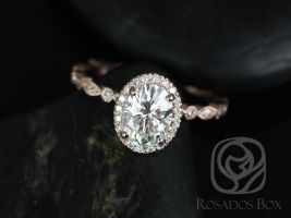 Rosados Box Gwen 8x6mm 14kt Rose Gold Oval F1- Moissanite and Diamonds Vintage Halo WITH Milgrain Engagement Ring 