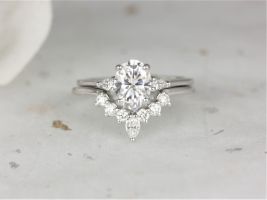 Rosados Box 1.50cts Petite Emery 8x6mm & Marjorie 14kt White Gold Forever One Moissanite Diamond Pear Dainty 3 Stone Oval Wedding Set Rings