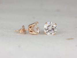 Rosados Box Ready to Ship Donna 7mm 14kt YELLOW Gold Round Forever One Moissanite Leaf Gallery Basket Stud Earrings