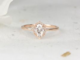 Rosados Box Mini Mae 6x4mm 14kt Rose Gold Forever One Moissanite Diamond Dainty Art Deco Oval Halo WITH Milgrain Engagement Ring