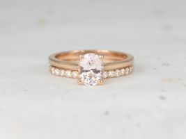 Rosados Box Ready to Ship Skinny Lois 1.26cts & Tiffani 14kt Rose Gold Oval Peach Champagne Sapphire Diamonds Wedding Set