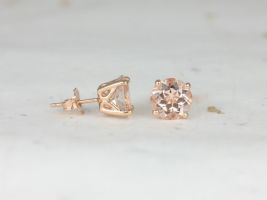 Rosados Box Ready to Ship Donna 7mm 14kt Rose Gold Round Morganite Leaf Gallery Basket Stud Earrings