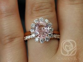 Rosados Box Ready to Ship Katherine 3.37cts 14kt Rose Gold Oval Peachy Champagne Sapphire and Diamond Halo Classic Wedding Set