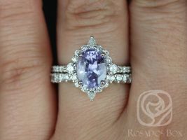 Rosados Box Ready to Ship Jadis 2.34cts 14kt White Gold Oval Lavender Purple Sapphire and Diamonds Star Halo Wedding Set