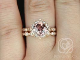 Rosados Box Ready to Ship Lucille 2.08cts & Christie 14kt Rose Gold Cushion Rustic Salmon Red Sapphire Diamond Kite Set Halo Wedding Set