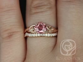 Rosados Box Ready to Ship Cassidy 1.34cts 14kt Rose Gold Round Rustic Fire Red Sapphire and Diamonds Celtic Wedding Set