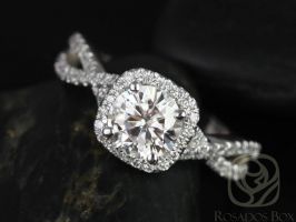 SALE Rosados Box Ready to Ship Josephine 7mm 14kt White Gold Round FB Moissanite and Diamonds Twisted Cushion Halo Engagement Ring