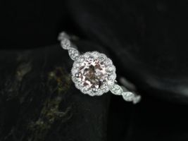 Rosados Box Sunny 6mm 14kt White Gold Round Morganite and Diamonds Flower Halo WITH Milgrain Engagement Ring 