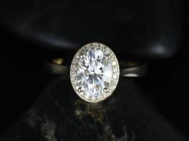 Rosados Box Swink 8x6mm 14kt Yellow Gold Oval F1- Moissanite and Diamond Pave Halo Engagement Ring